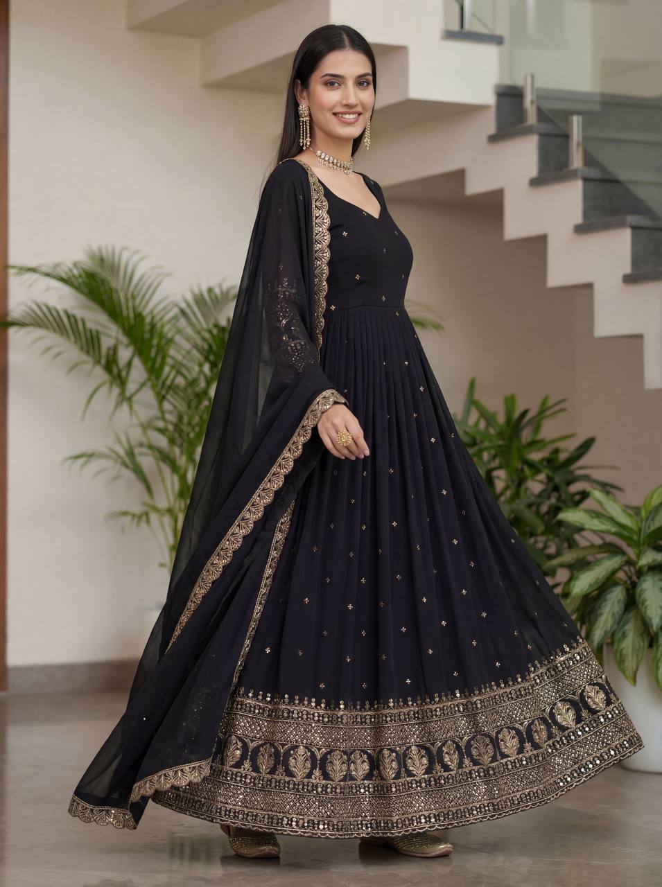 Lehenga Mart Designer Vichitra Silk Gown With Dupatta-Black | Grocsy