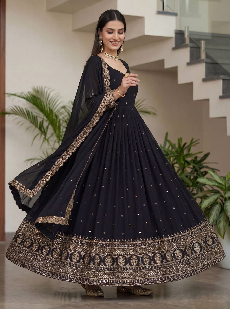 Lehenga Mart Designer Vichitra Silk Gown With Dupatta-Black | Grocsy