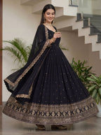 Lehenga Mart Designer Vichitra Silk Gown With Dupatta-Black | Grocsy