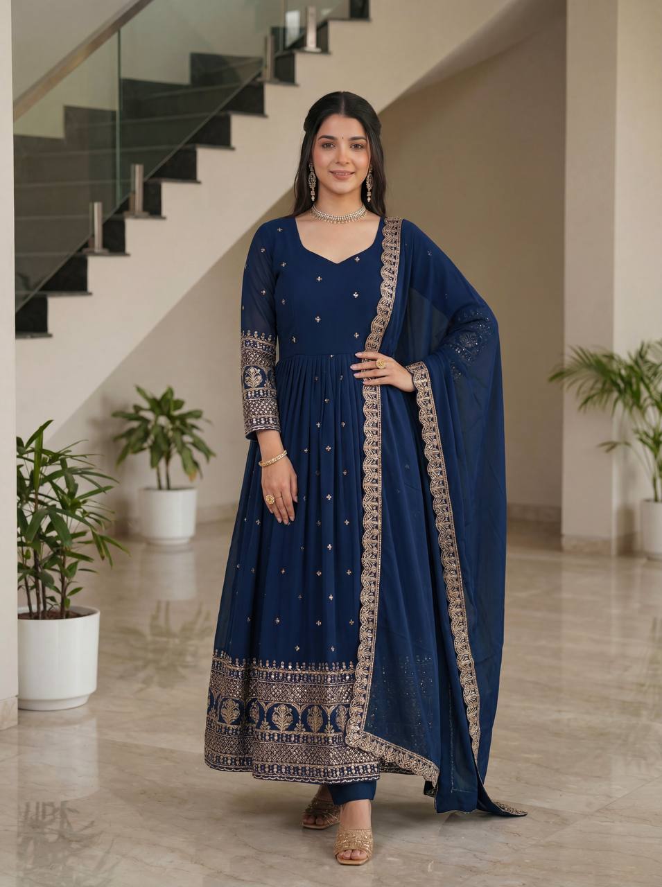 Lehenga Mart Designer Vichitra Silk Gown With Dupatta-Navy Blue | Grocsy
