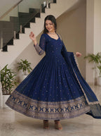 Lehenga Mart Designer Vichitra Silk Gown With Dupatta-Navy Blue | Grocsy