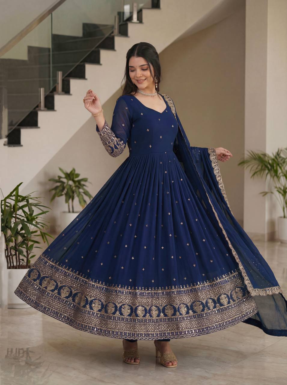 Lehenga Mart Designer Vichitra Silk Gown With Dupatta-Navy Blue | Grocsy