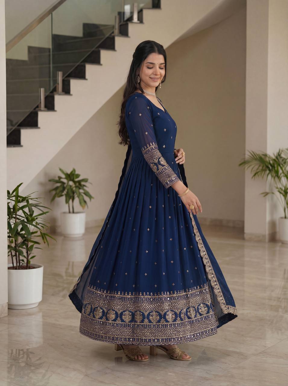 Lehenga Mart Designer Vichitra Silk Gown With Dupatta-Navy Blue | Grocsy