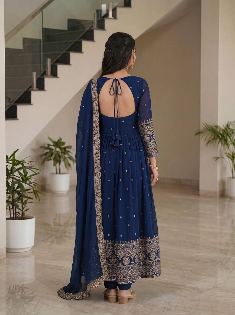 Lehenga Mart Designer Vichitra Silk Gown With Dupatta-Navy Blue | Grocsy