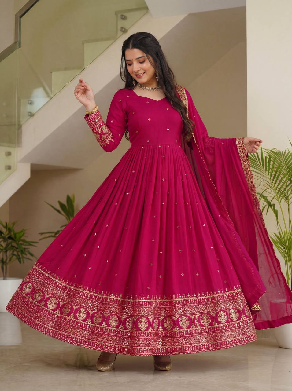 Lehenga Mart Designer Vichitra Silk Gown With Dupatta-Pink | Grocsy