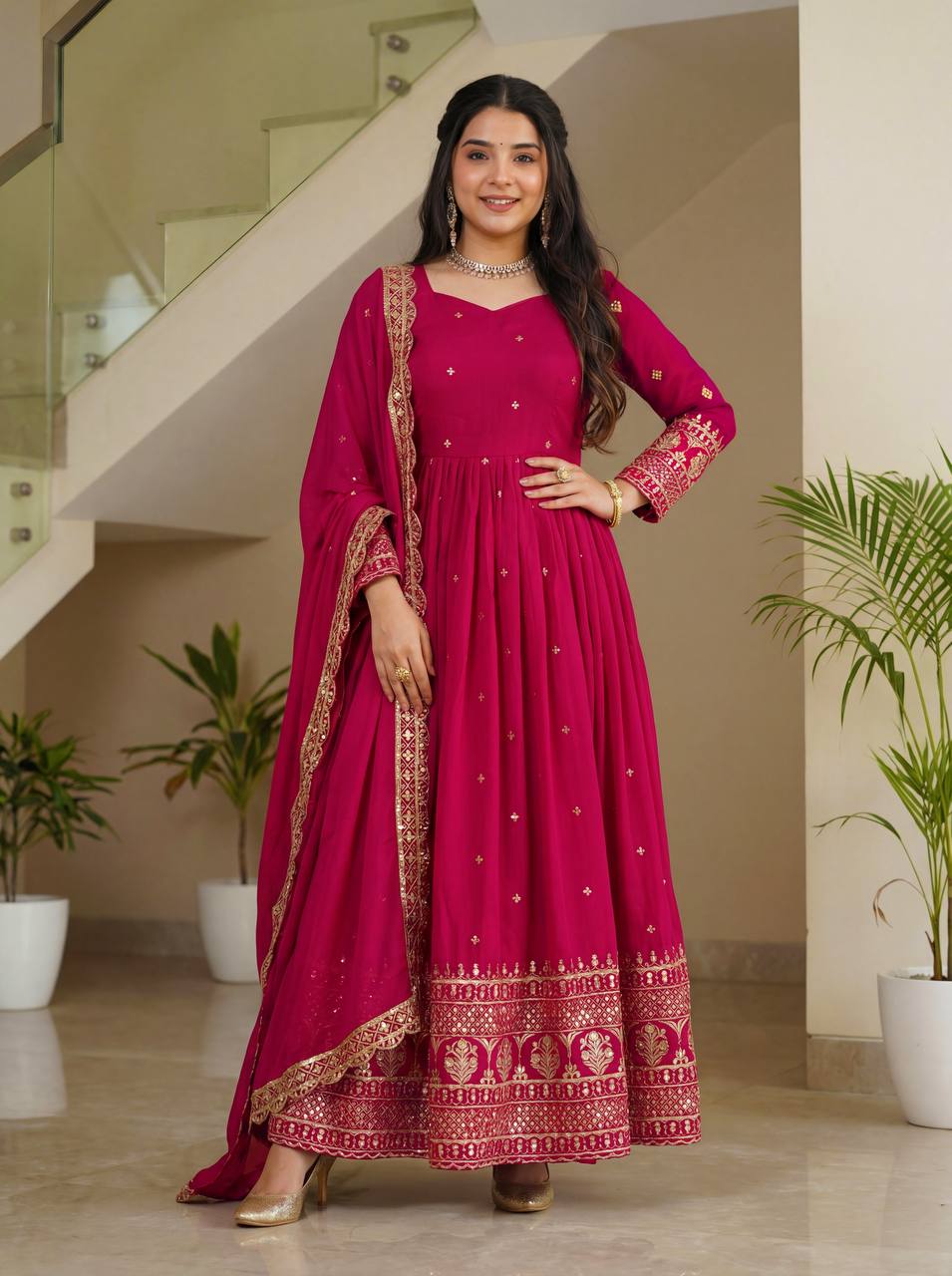 Lehenga Mart Designer Vichitra Silk Gown With Dupatta-Pink | Grocsy