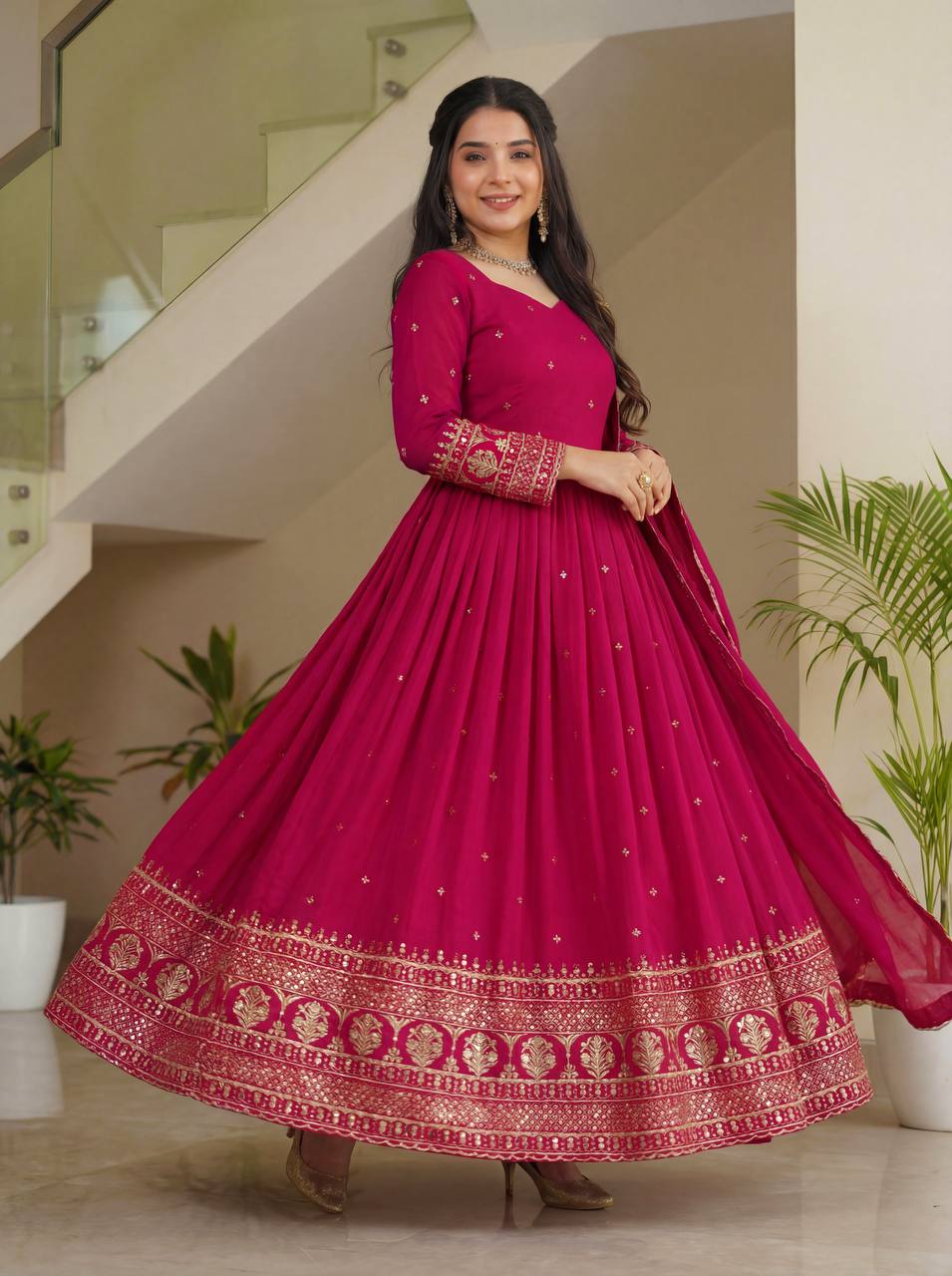 Lehenga Mart Designer Vichitra Silk Gown With Dupatta-Pink | Grocsy