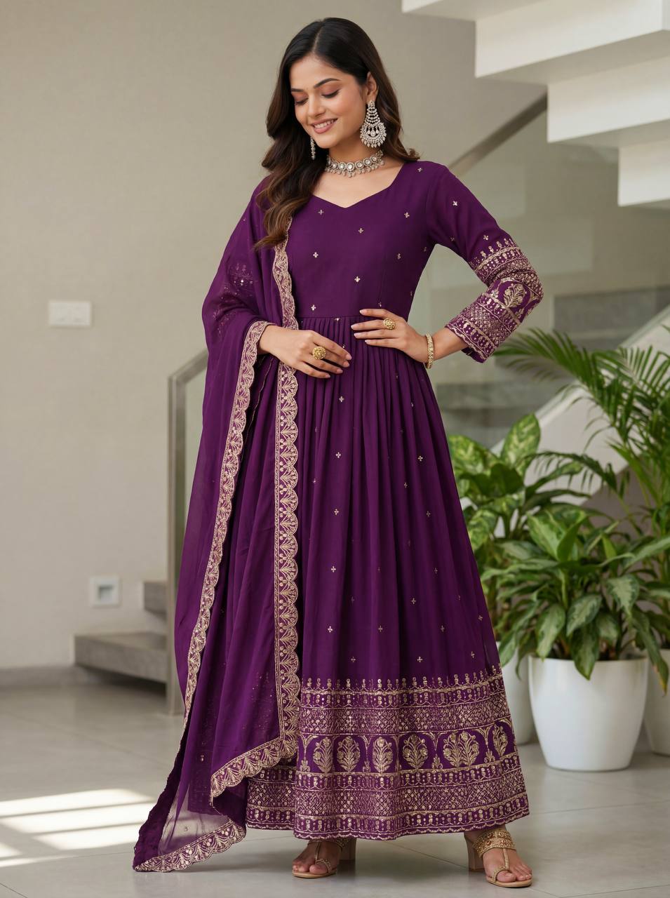 Lehenga Mart Designer Vichitra Silk Gown With Dupatta-Wine | Grocsy