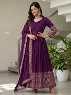 Lehenga Mart Designer Vichitra Silk Gown With Dupatta-Wine | Grocsy