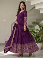 Lehenga Mart Designer Vichitra Silk Gown With Dupatta-Wine | Grocsy