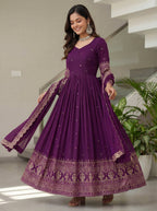 Lehenga Mart Designer Vichitra Silk Gown With Dupatta-Wine | Grocsy