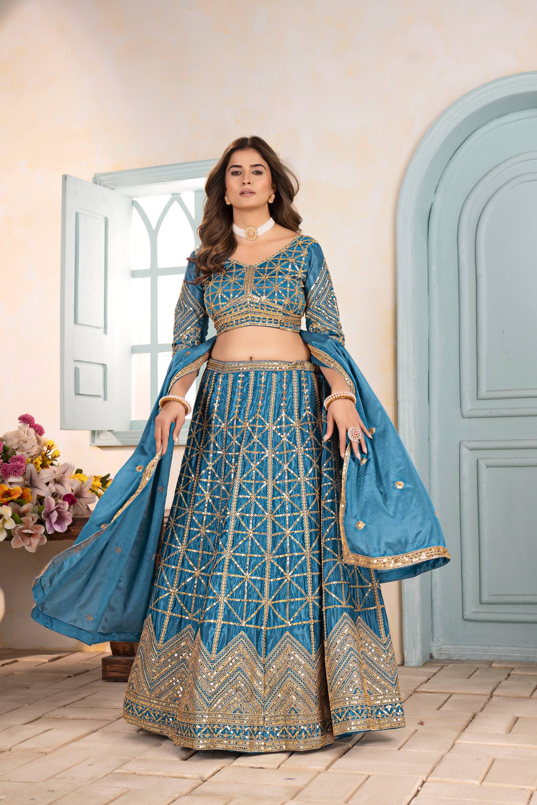 Lehenga Mart Designer Bollywood Style Wedding Wear Lehenga Choli - Sky Blue | Grocsy