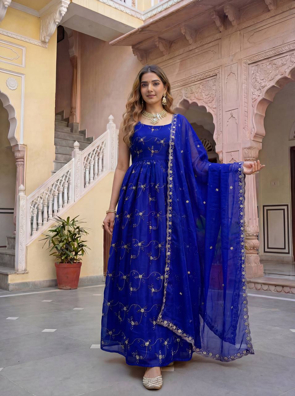 Lehenga Mart Designer Fandy Silk Gown With Dupatta-Royal Blue | Grocsy