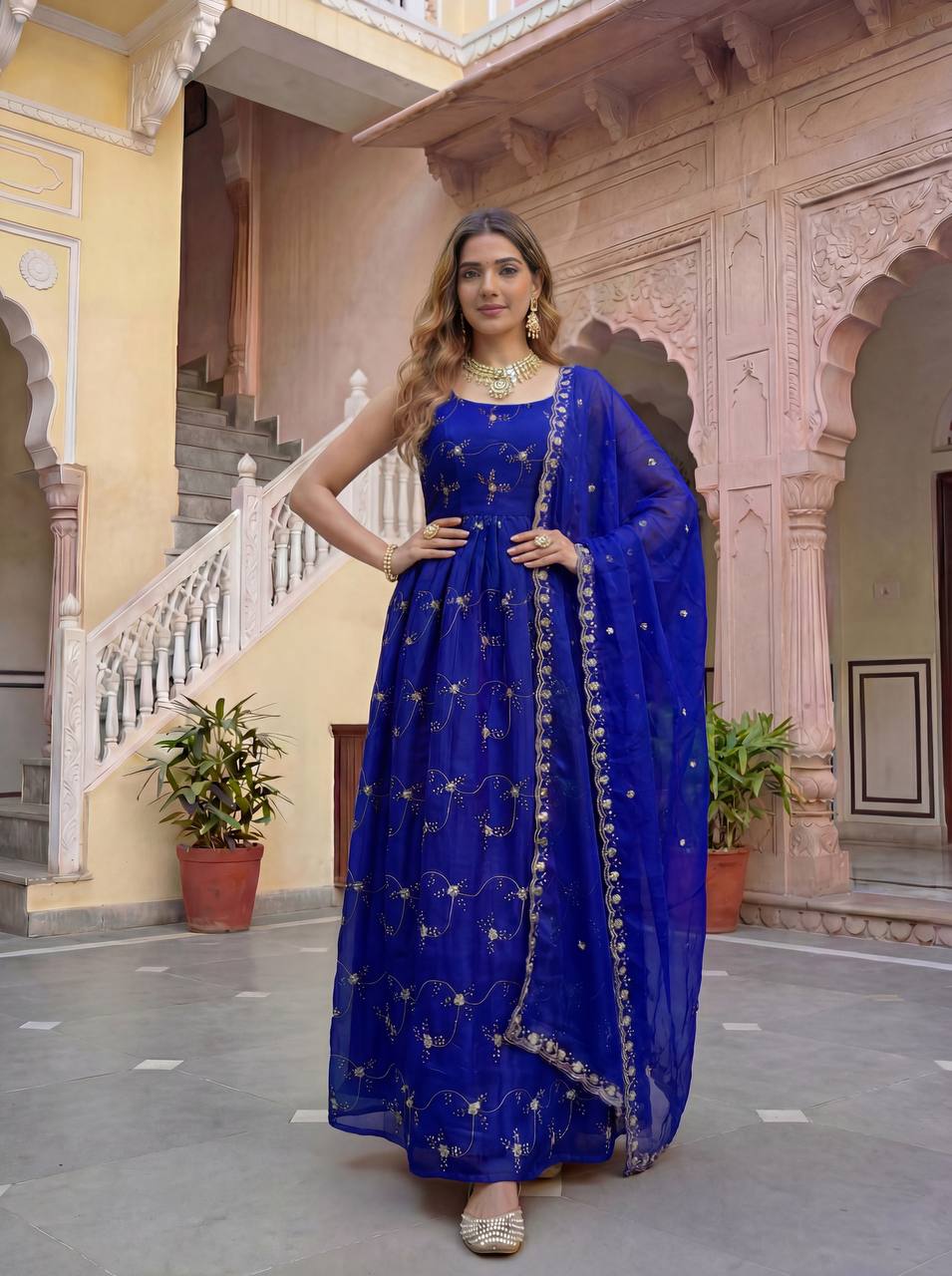 Lehenga Mart Designer Fandy Silk Gown With Dupatta-Royal Blue | Grocsy