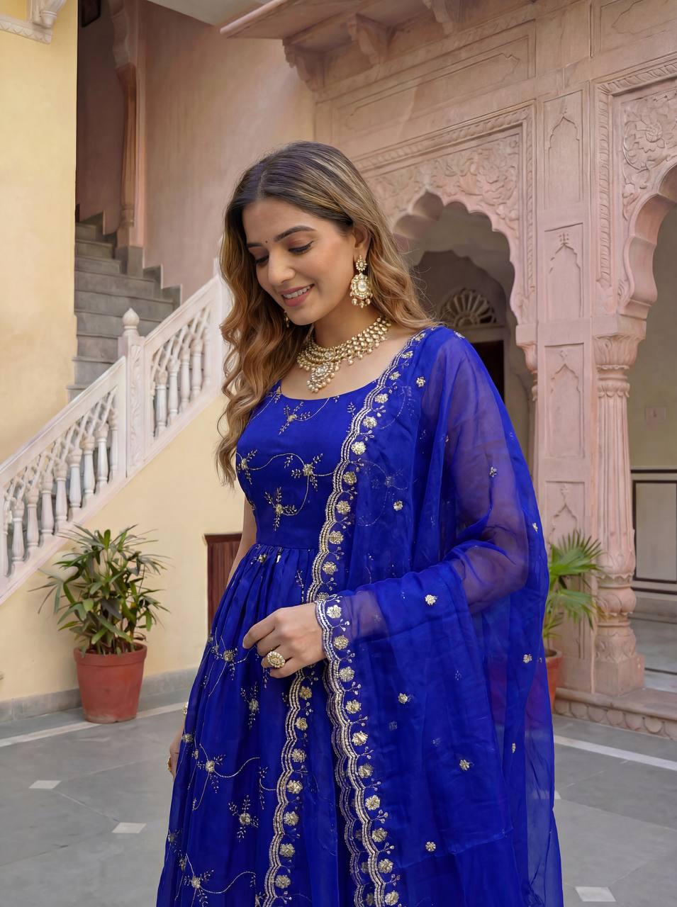 Lehenga Mart Designer Fandy Silk Gown With Dupatta-Royal Blue | Grocsy