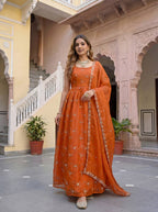 Lehenga Mart Designer Fandy Silk Gown With Dupatta-Rusty Orange | Grocsy