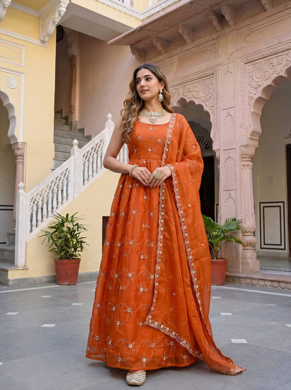 Lehenga Mart Designer Fandy Silk Gown With Dupatta-Rusty Orange | Grocsy