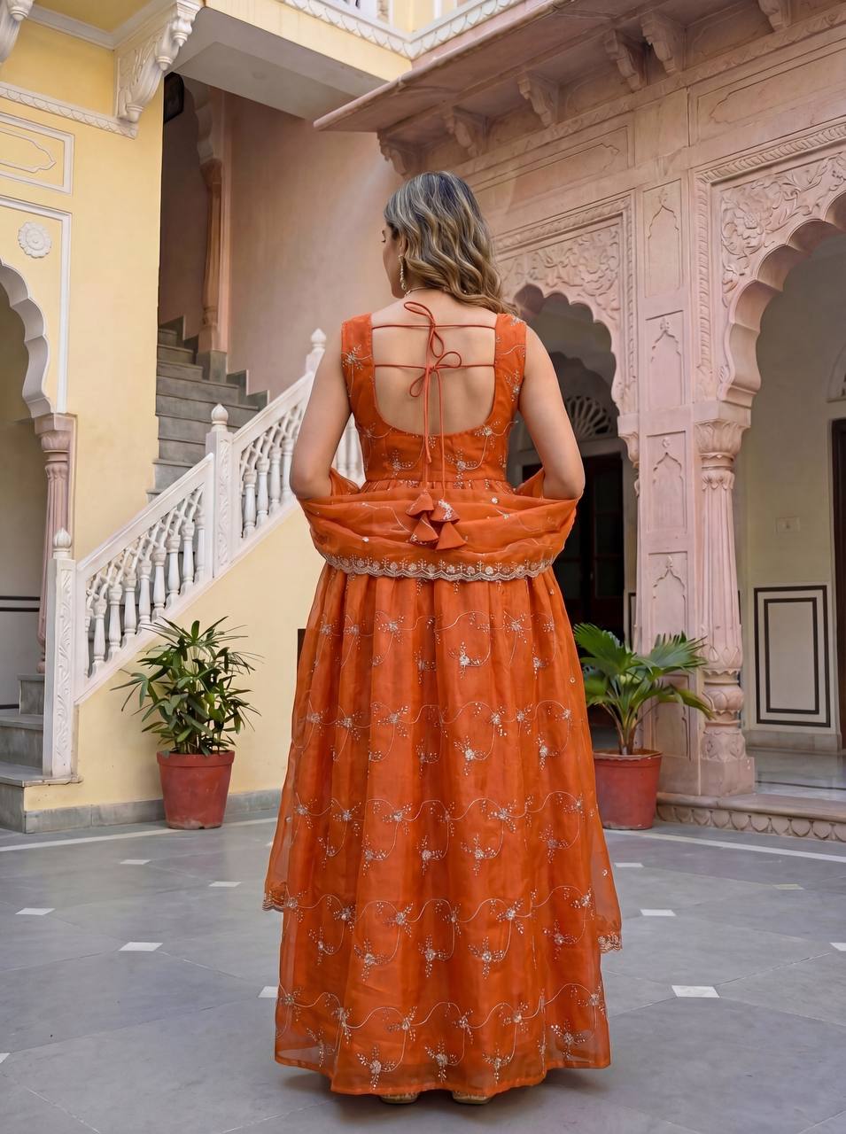 Lehenga Mart Designer Fandy Silk Gown With Dupatta-Rusty Orange | Grocsy