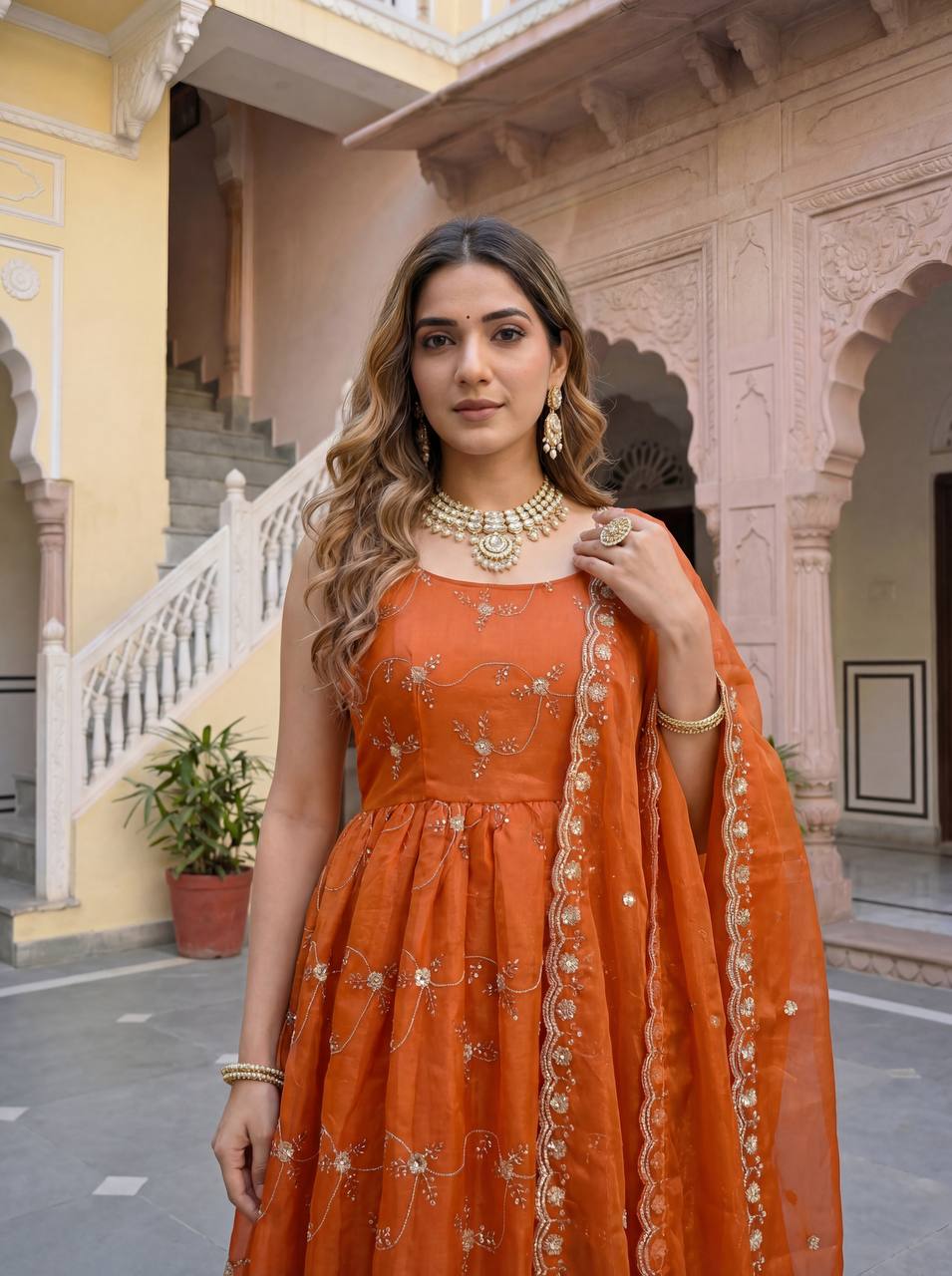 Lehenga Mart Designer Fandy Silk Gown With Dupatta-Rusty Orange | Grocsy