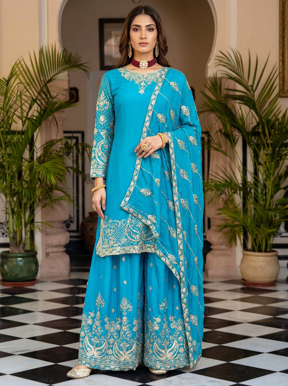 Lehenga Mart Designer Ready To Wear Salwar Suit Dupatta For Women-Sky Blue | Grocsy