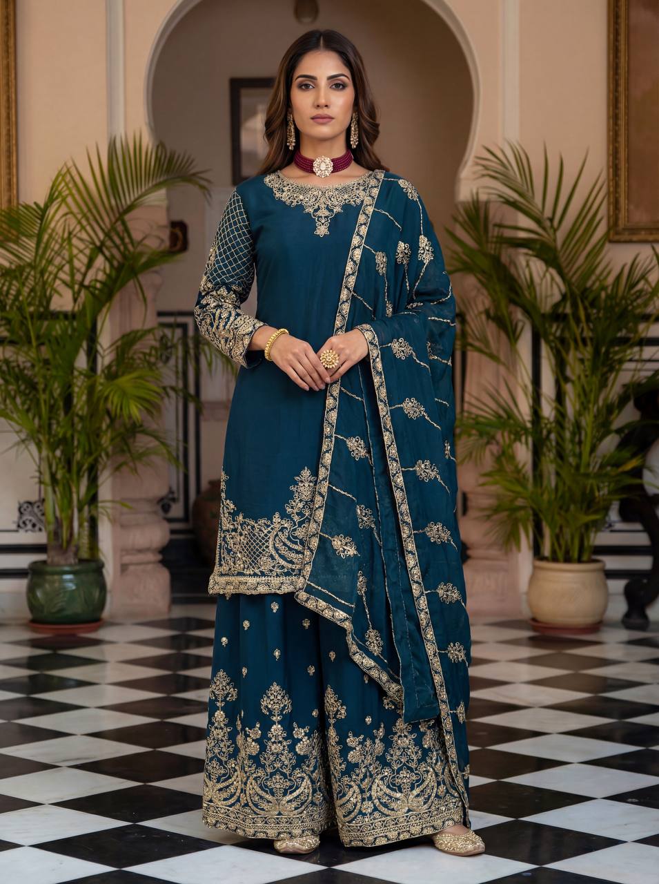Lehenga Mart Designer Ready To Wear Salwar Suit Dupatta For Women-Teal Blue | Grocsy