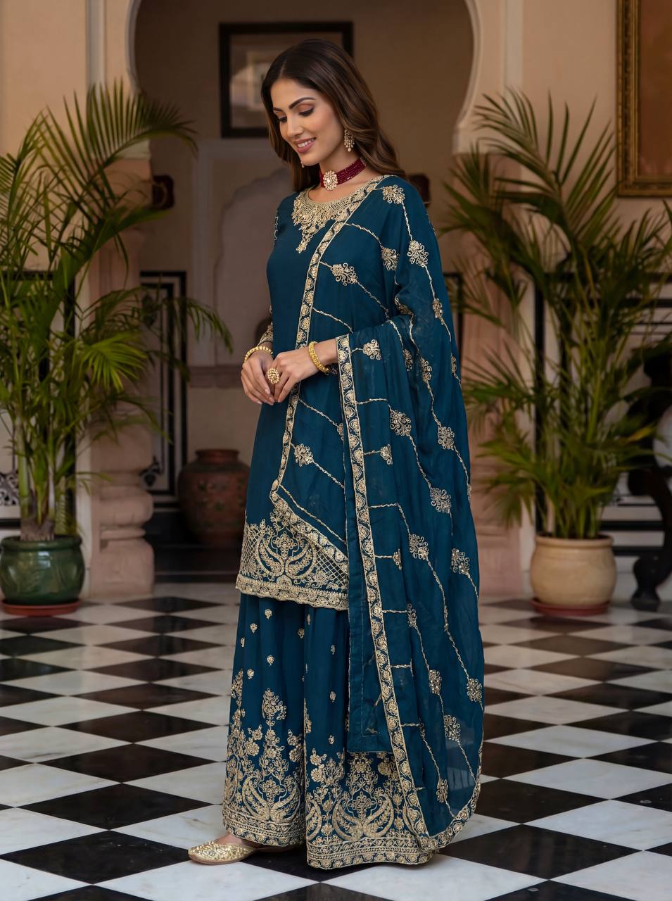 Lehenga Mart Designer Ready To Wear Salwar Suit Dupatta For Women-Teal Blue | Grocsy