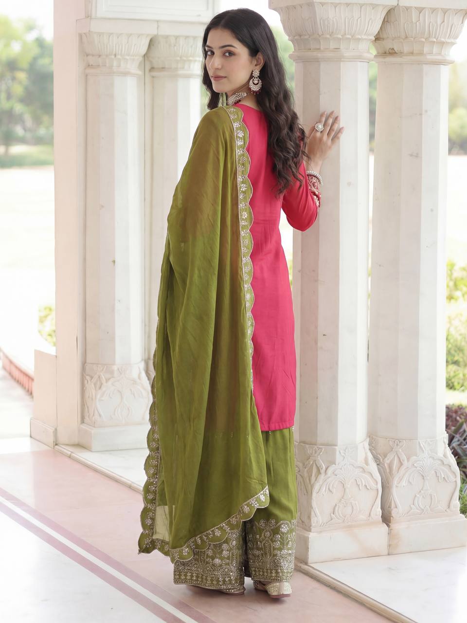 Lehenga Mart Chinon Silk Salwar Suit Dupatta-Pink | Grocsy