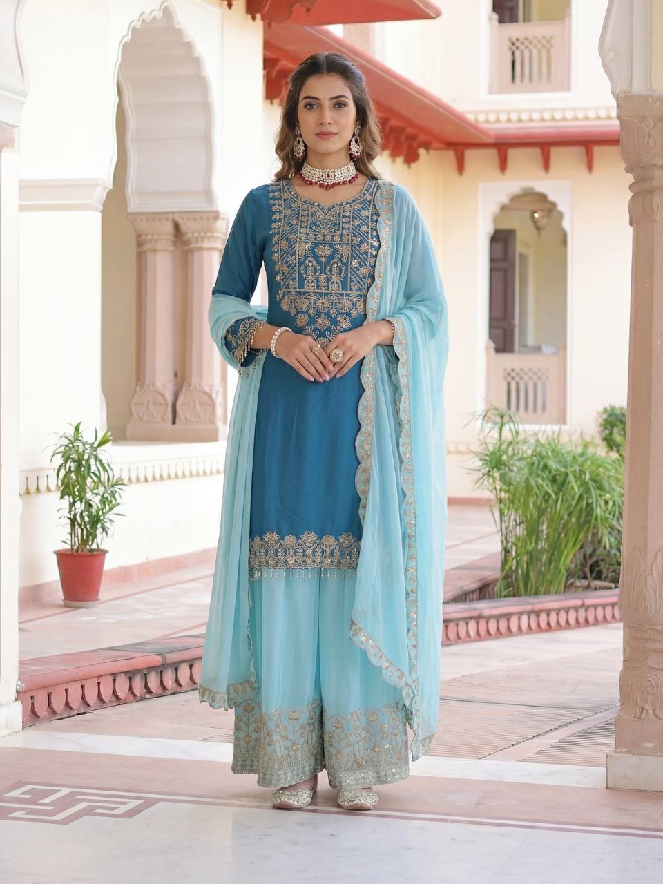 Lehenga Mart Chinon Silk Salwar Suit Dupatta-Sky Blue | Grocsy