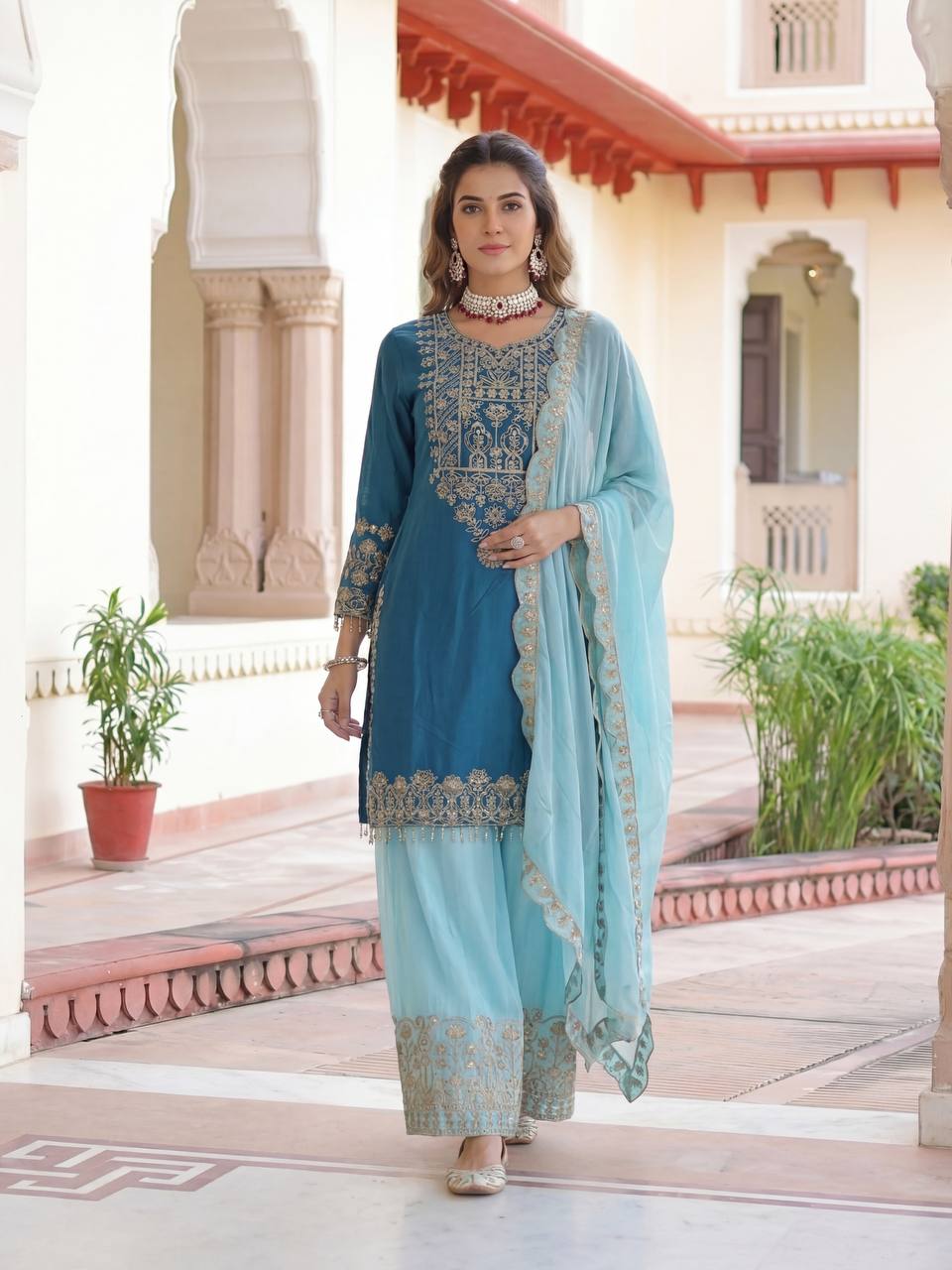 Lehenga Mart Chinon Silk Salwar Suit Dupatta-Sky Blue | Grocsy