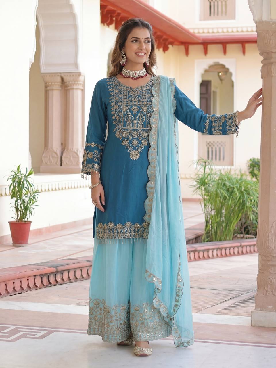 Lehenga Mart Chinon Silk Salwar Suit Dupatta-Sky Blue | Grocsy