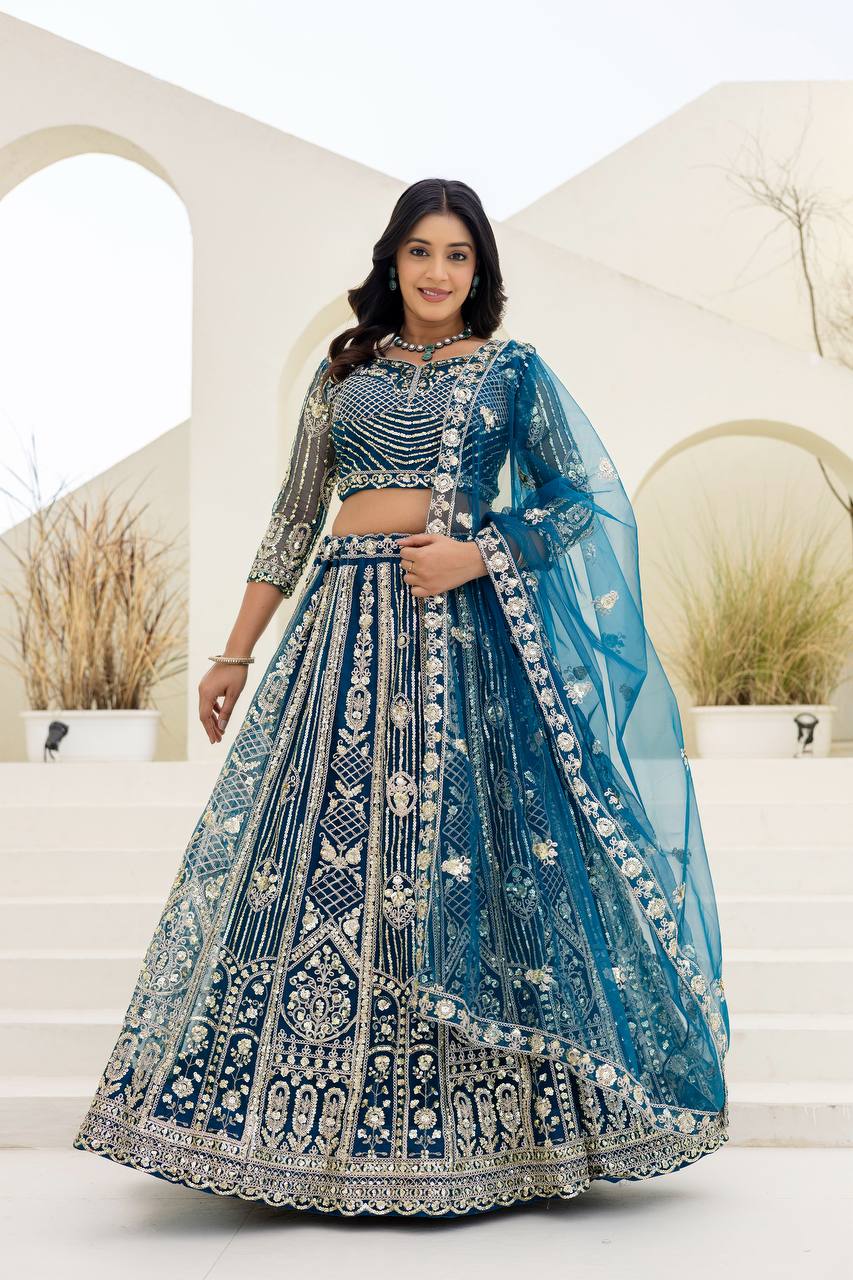Lehenga Mart Net Lehenga With Cording Embroidery Work-Blue | Grocsy