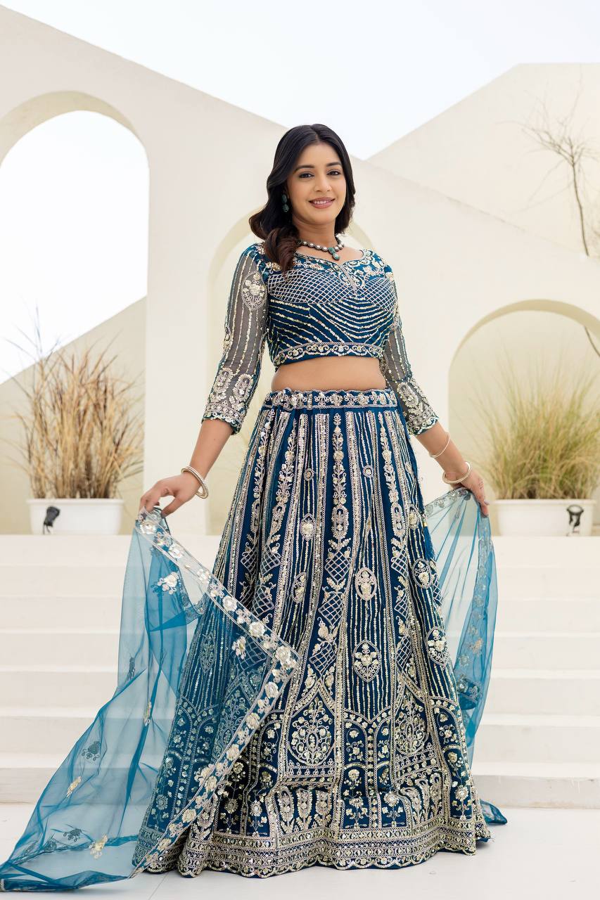 Lehenga Mart Net Lehenga With Cording Embroidery Work-Blue | Grocsy