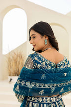 Lehenga Mart Net Lehenga With Cording Embroidery Work-Blue | Grocsy