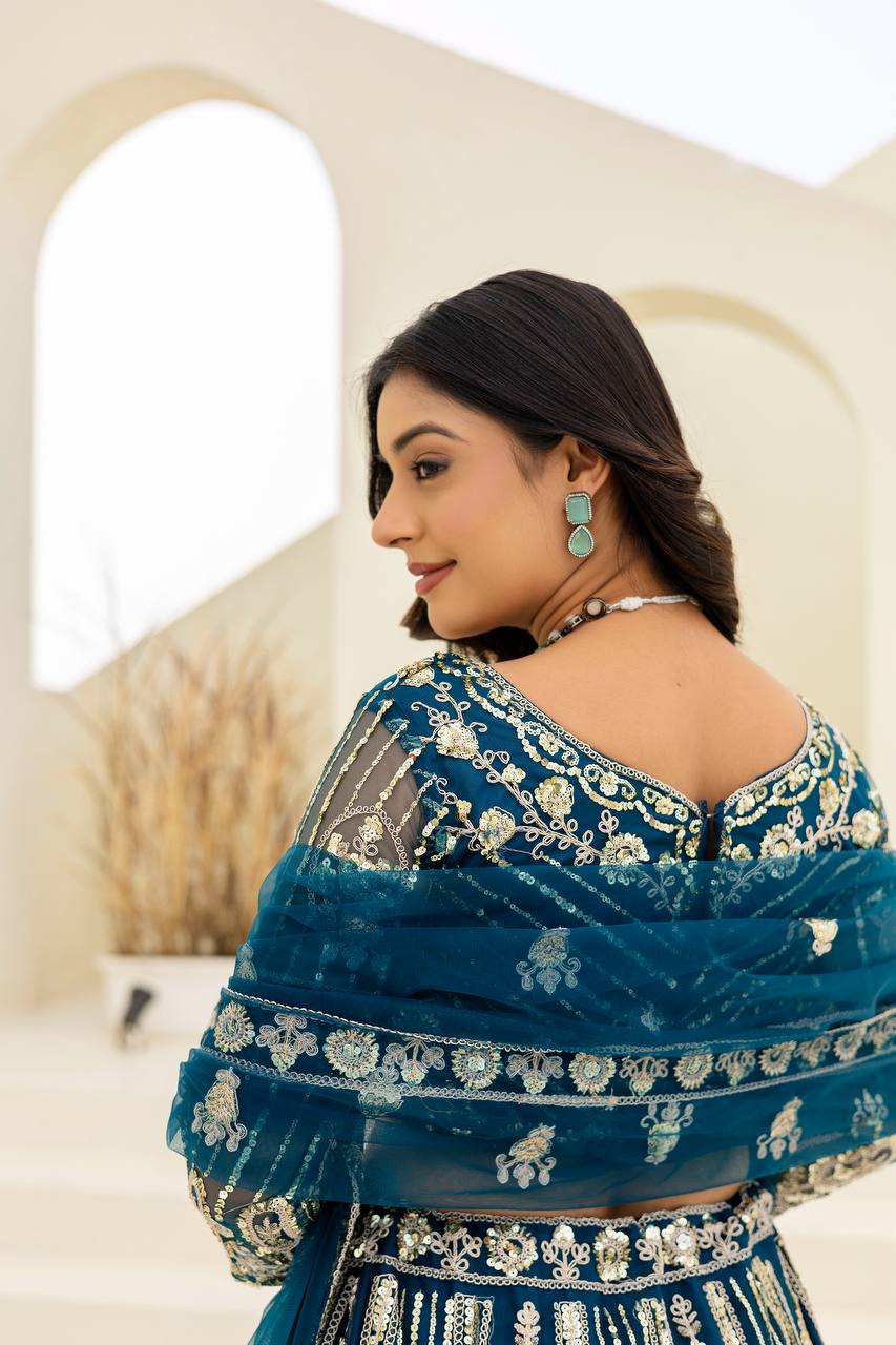Lehenga Mart Net Lehenga With Cording Embroidery Work-Blue | Grocsy