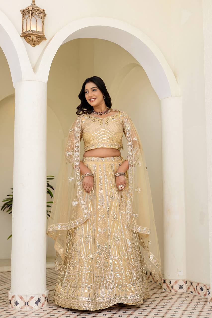 Lehenga Mart Net Lehenga With Cording Embroidery Work-Cream | Grocsy