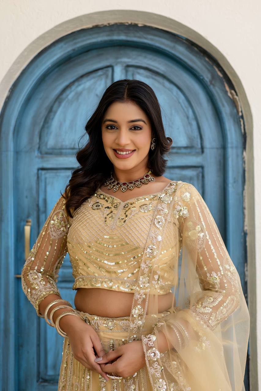 Lehenga Mart Net Lehenga With Cording Embroidery Work-Cream | Grocsy