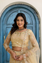 Lehenga Mart Net Lehenga With Cording Embroidery Work-Cream | Grocsy