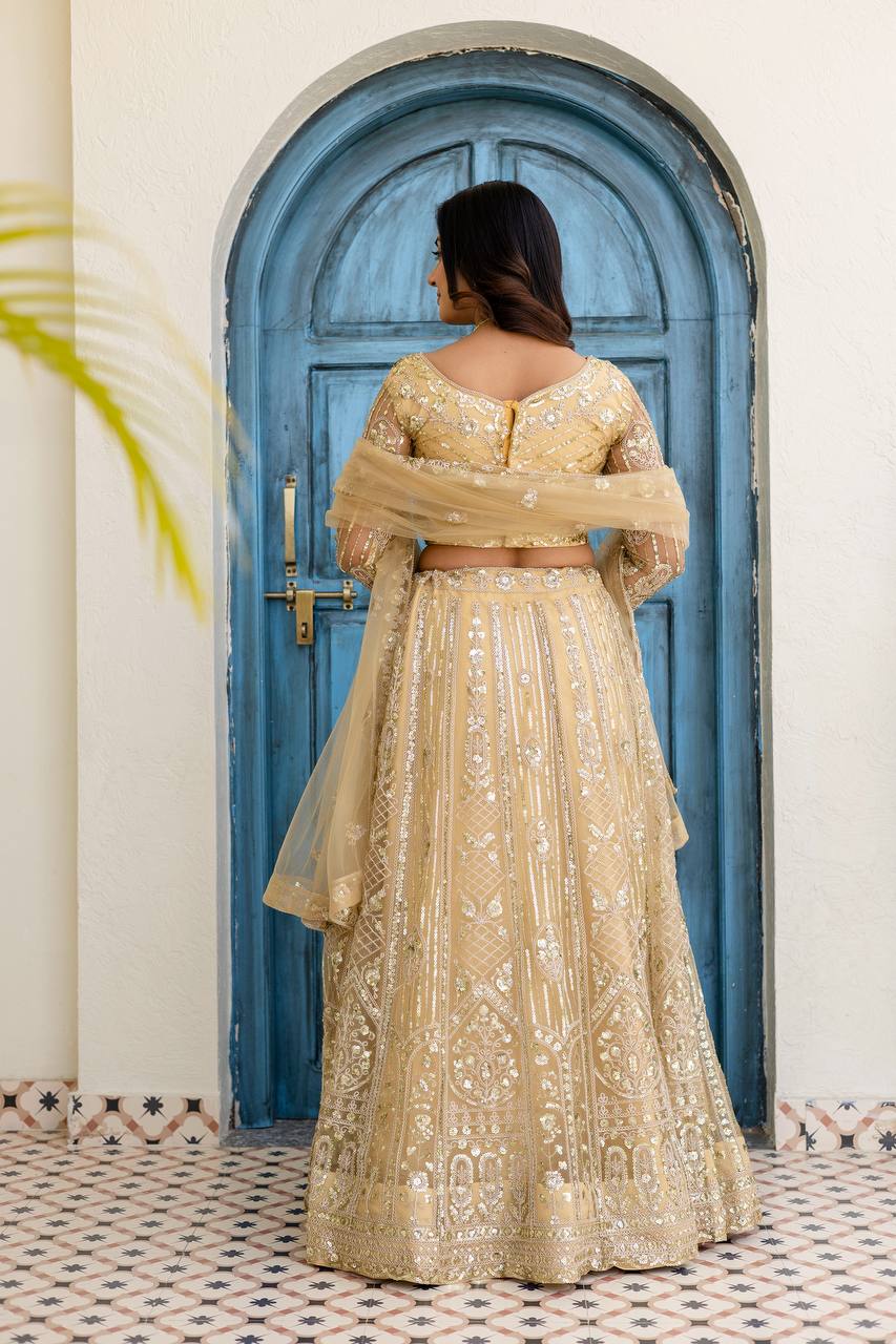 Lehenga Mart Net Lehenga With Cording Embroidery Work-Cream | Grocsy
