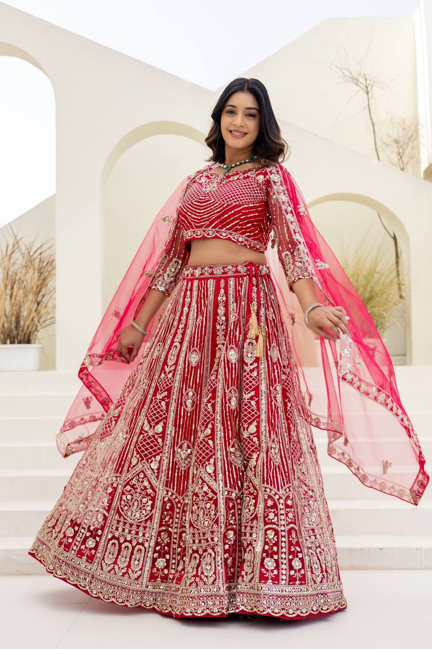Lehenga Mart Net Lehenga With Cording Embroidery Work-Pink | Grocsy