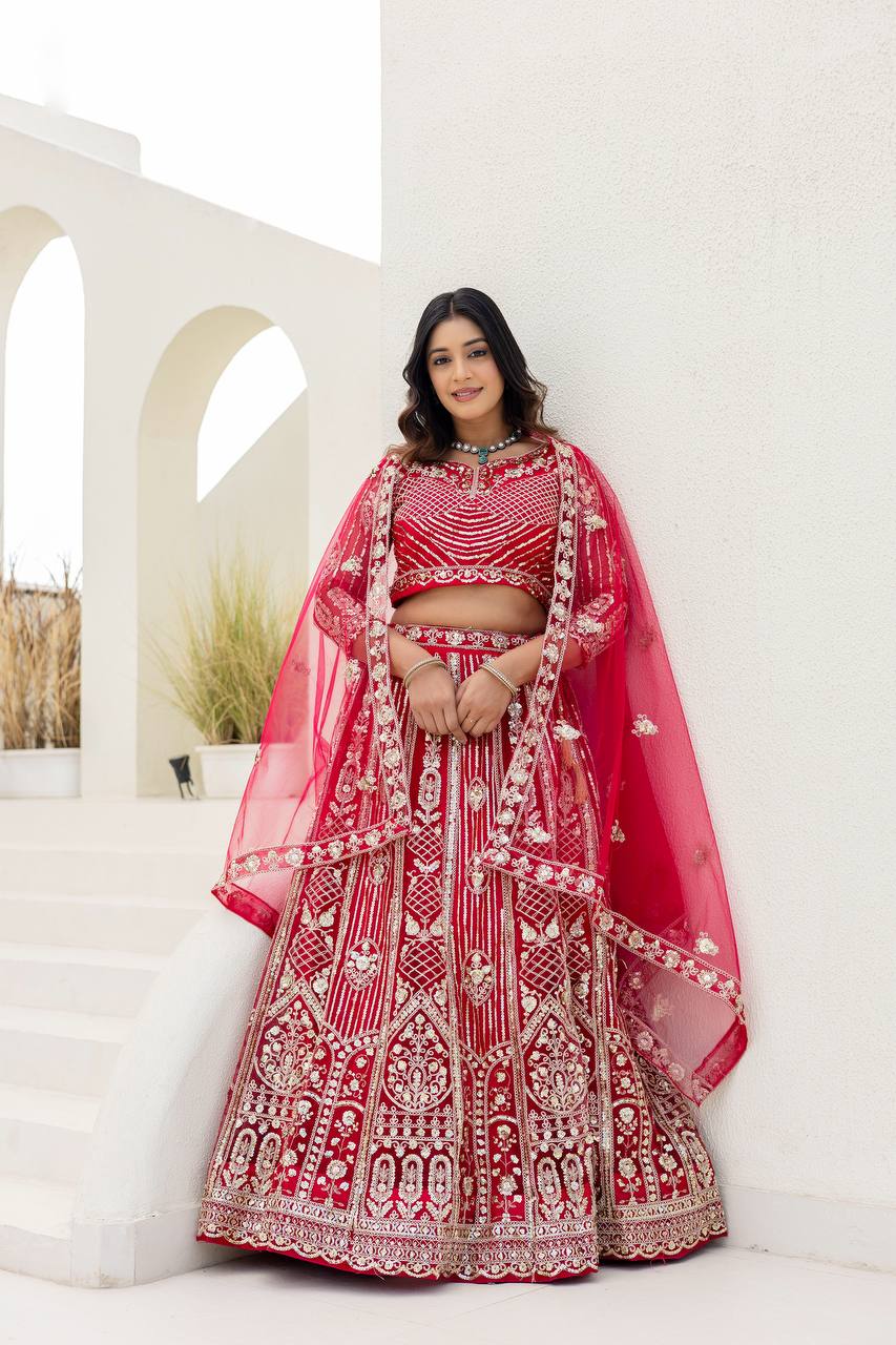 Lehenga Mart Net Lehenga With Cording Embroidery Work-Pink | Grocsy