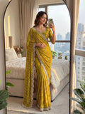 Lehenga Mart Designer Bollywood Style Party Wear Saree-Mustard | Grocsy