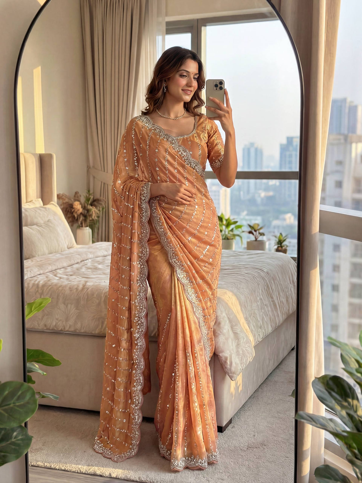 Lehenga Mart Designer Bollywood Style Party Wear Saree-Peach | Grocsy