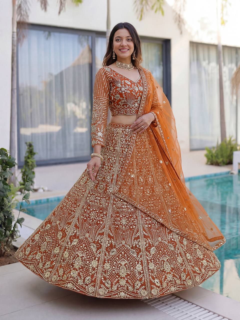 Lehenga Mart Designer Wedding Wear Lehenga Choli-Orange | Grocsy