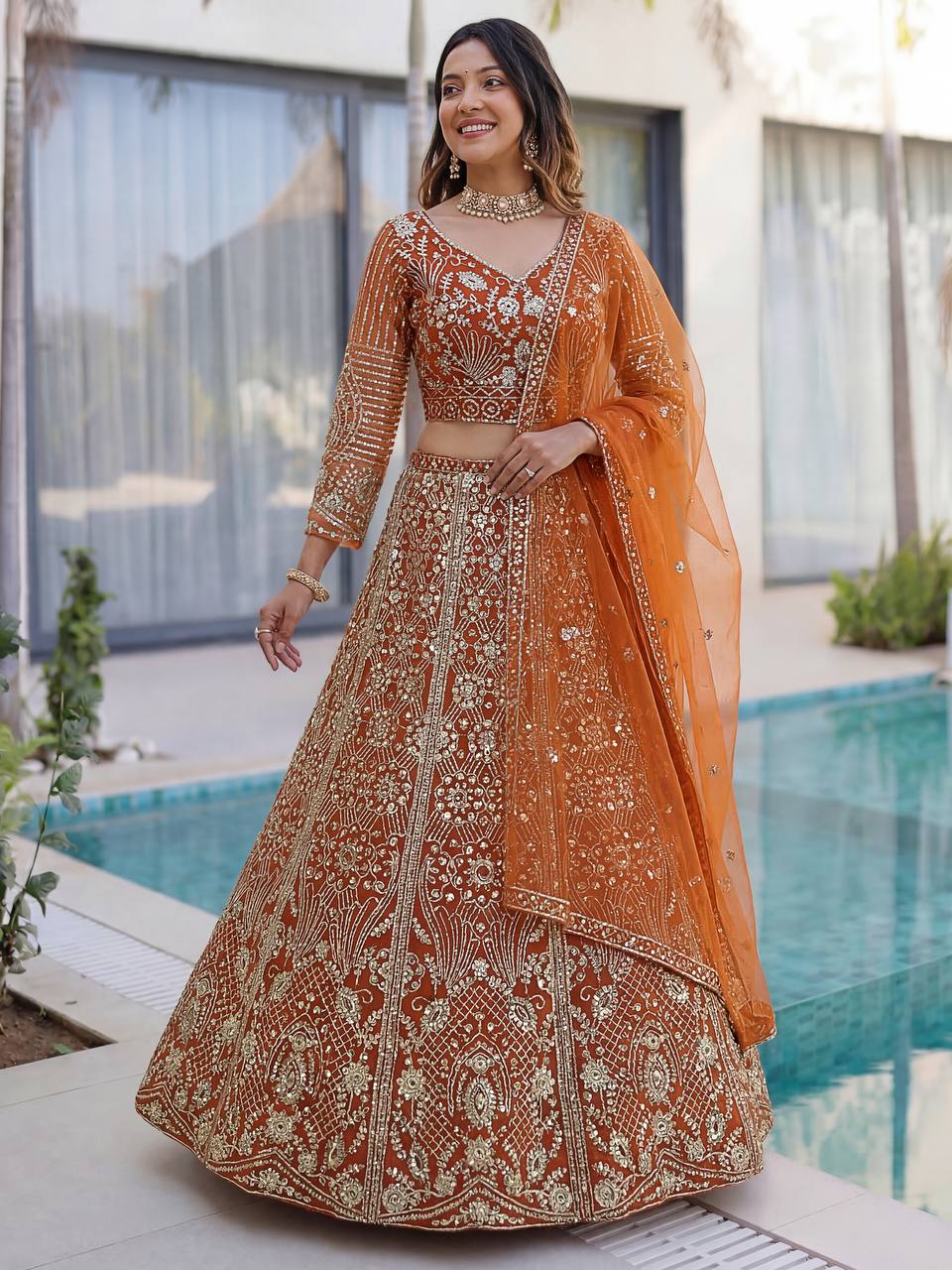 Lehenga Mart Designer Wedding Wear Lehenga Choli-Orange | Grocsy