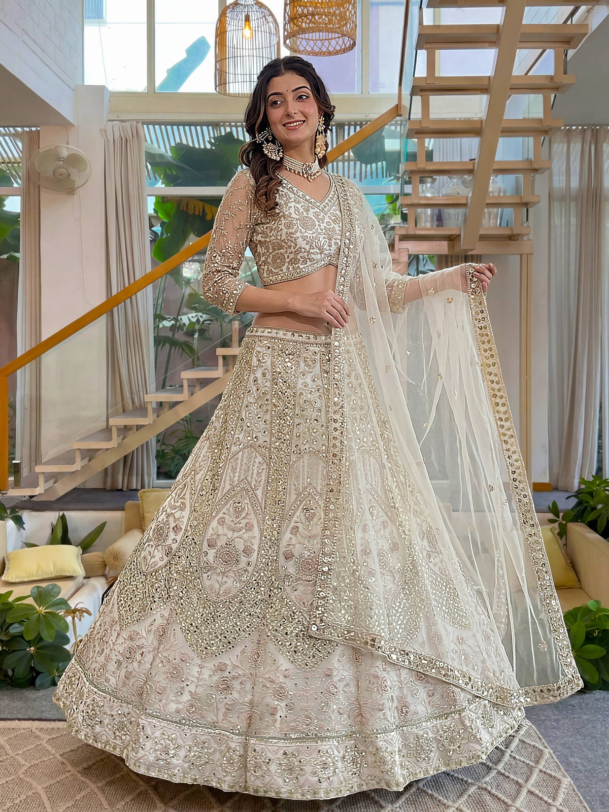 Lehenga Mart Net Lehenga With Cording Embroidery Work-Off White | Grocsy