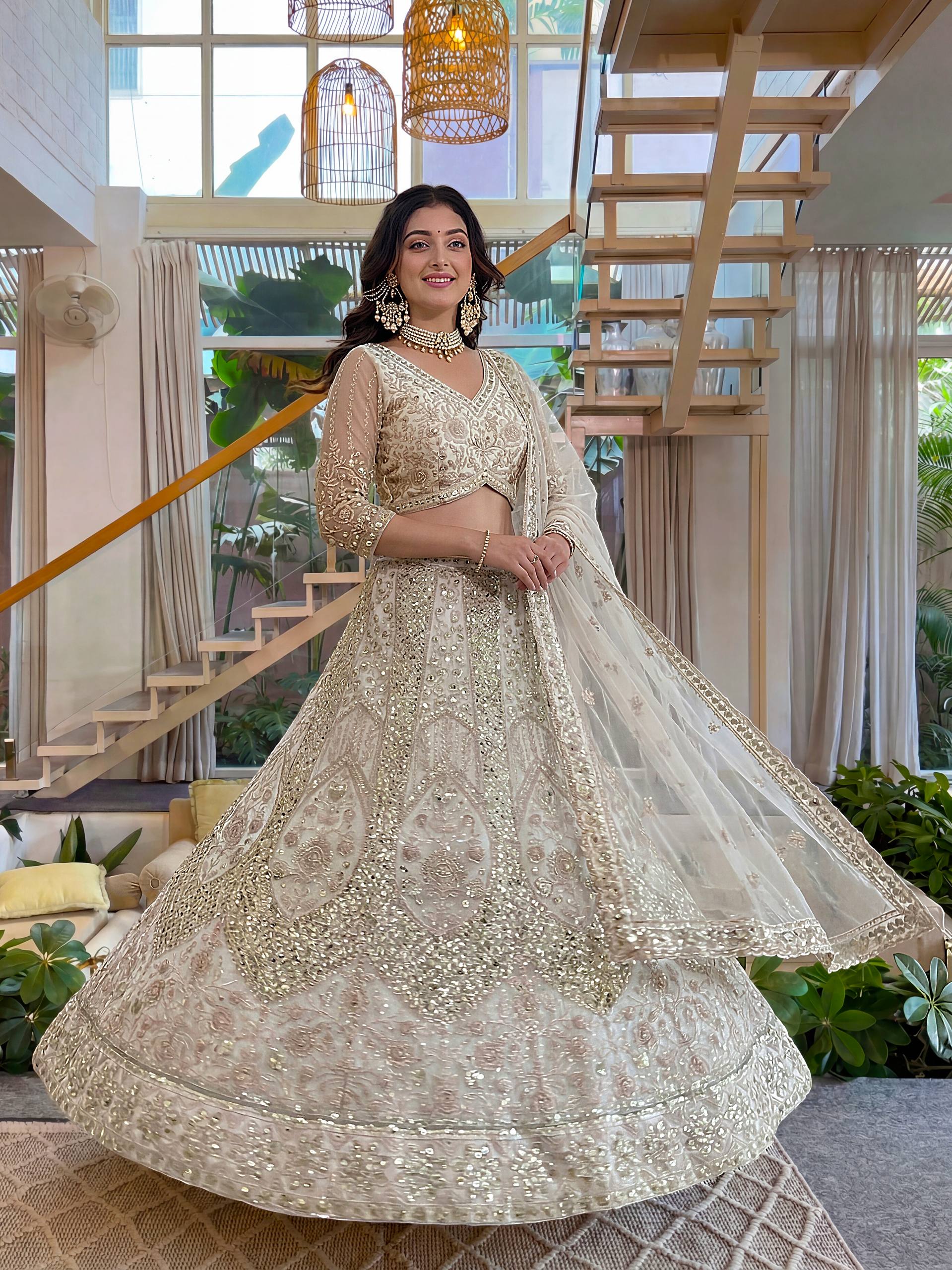 Lehenga Mart Net Lehenga With Cording Embroidery Work-Off White | Grocsy