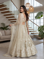 Lehenga Mart Net Lehenga With Cording Embroidery Work-Off White | Grocsy