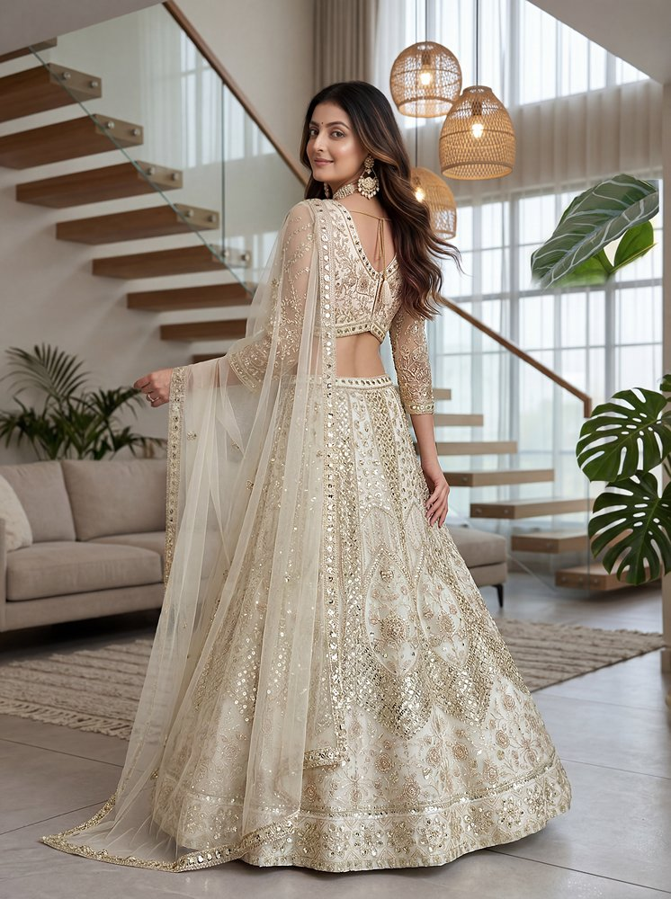 Lehenga Mart Net Lehenga With Cording Embroidery Work-Off White | Grocsy