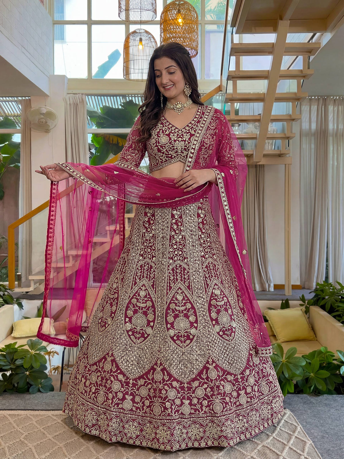 Lehenga Mart Net Lehenga With Cording Embroidery Work-Pink | Grocsy