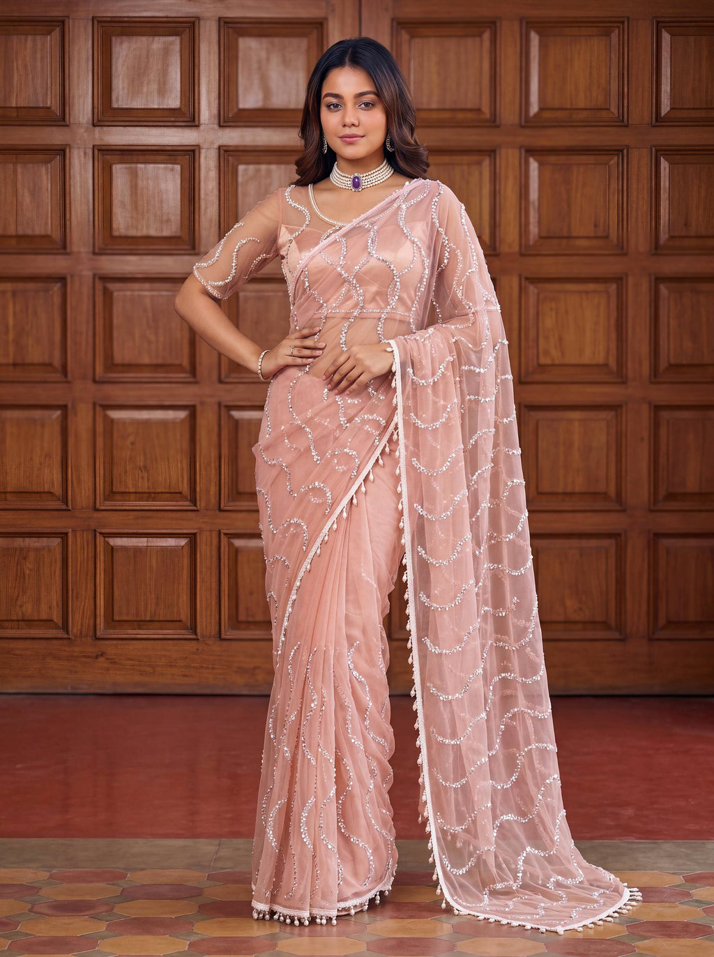 Lehenga Mart Designer Bollywood Style Party Wear Saree-Peach | Grocsy